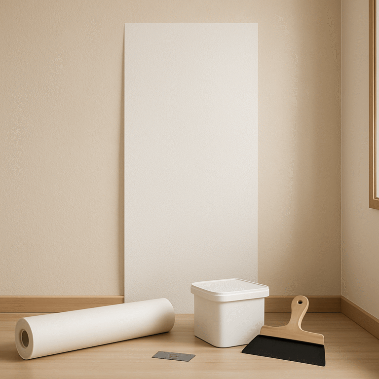 Mur intérieur recouvert de toile de verre avec rouleau et outils de pose au premier plan