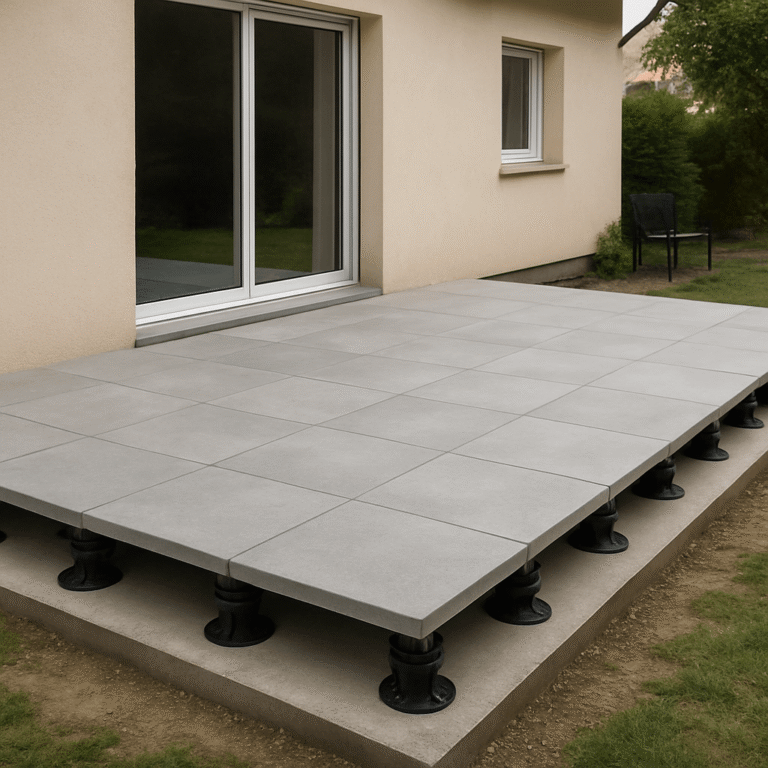 Terrasse sur plots en dalles minérales devant une maison avec sa rive et son évacuation visibles