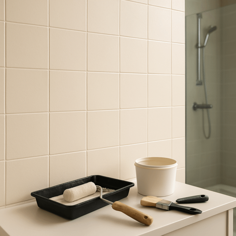 Mur de carrelage peint dans une salle de bain hors de la zone de douche