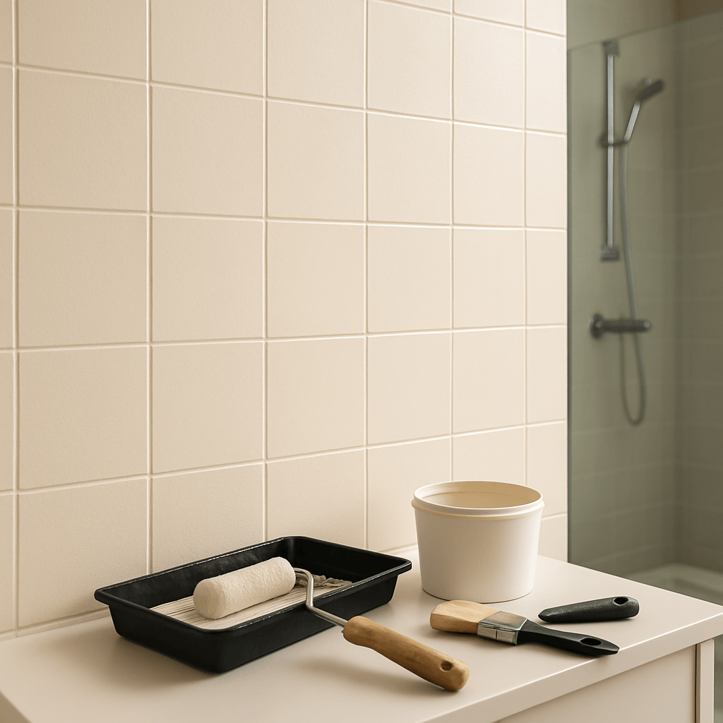Mur de carrelage peint dans une salle de bain hors de la zone de douche