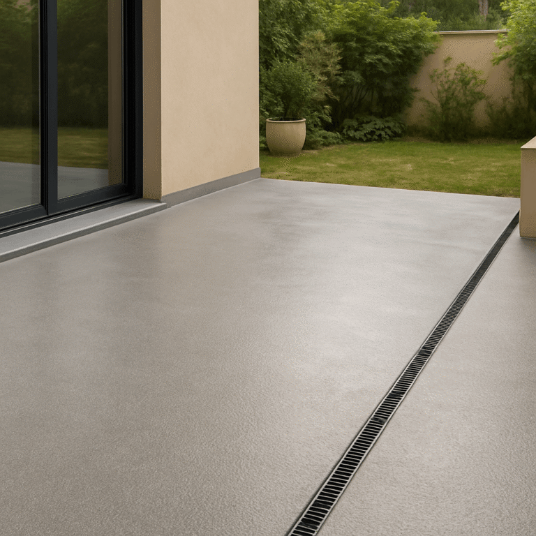 Terrasse extérieure revêtue d’une résine de sol gris texturé avec évacuation des eaux près d’un seuil