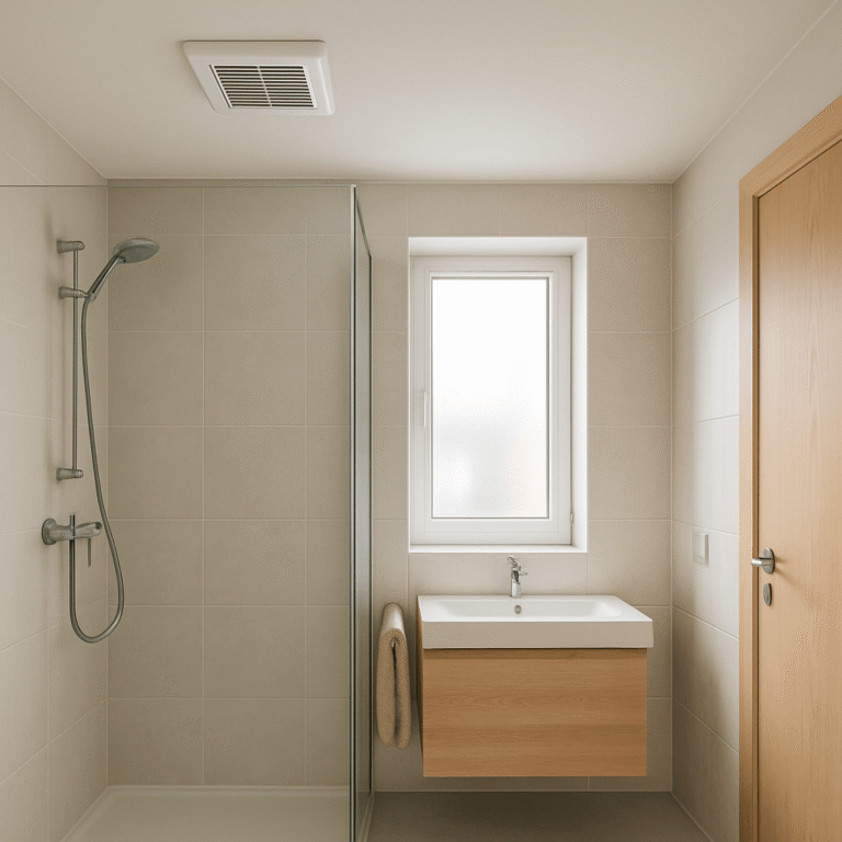 Bouche d’extraction au plafond d’une salle de bain avec fenêtre et passage d’air sous la porte