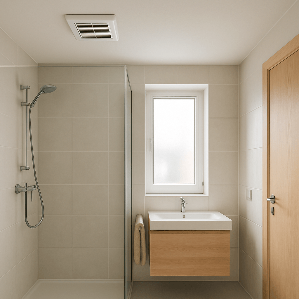 Bouche d’extraction au plafond d’une salle de bain avec fenêtre et passage d’air sous la porte