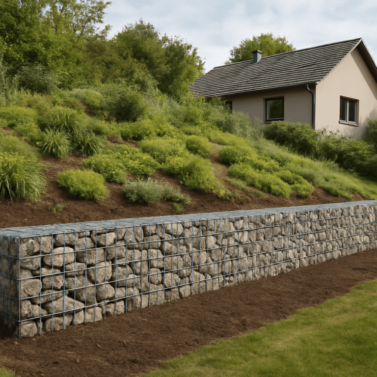 Mur de soutènement en gabions retenant une pente de jardin avec talus végétalisé