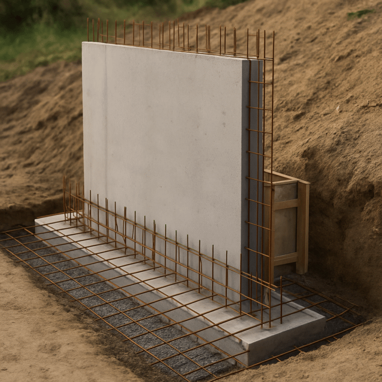 Mur de soutènement en béton armé avec ferraillage visible dans la semelle et le voile