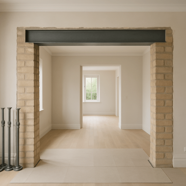 Ouverture intérieure avec linteau métallique et appuis latéraux visibles dans un mur en rénovation
