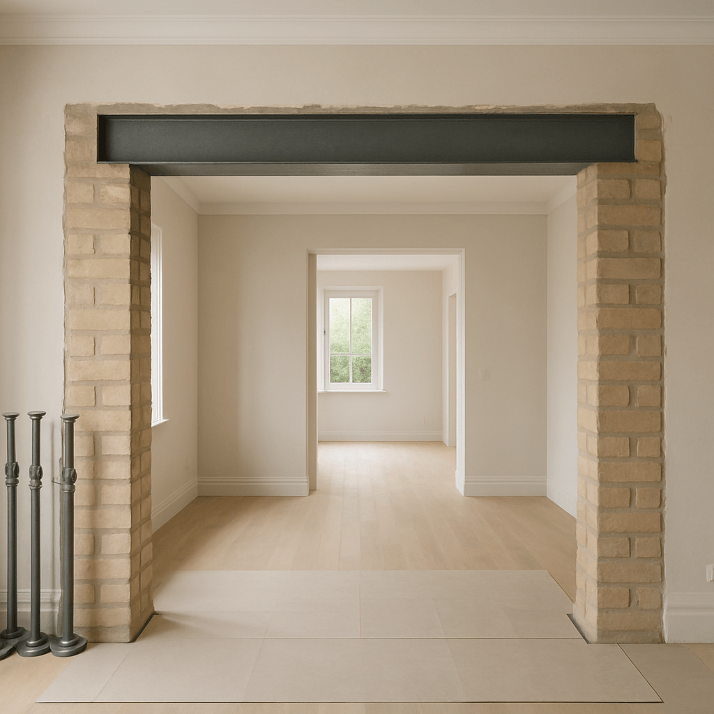 Ouverture intérieure avec linteau métallique et appuis latéraux visibles dans un mur en rénovation