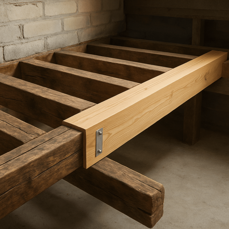 Solives anciennes renforcées par une nouvelle pièce de bois sous un plancher ouvert