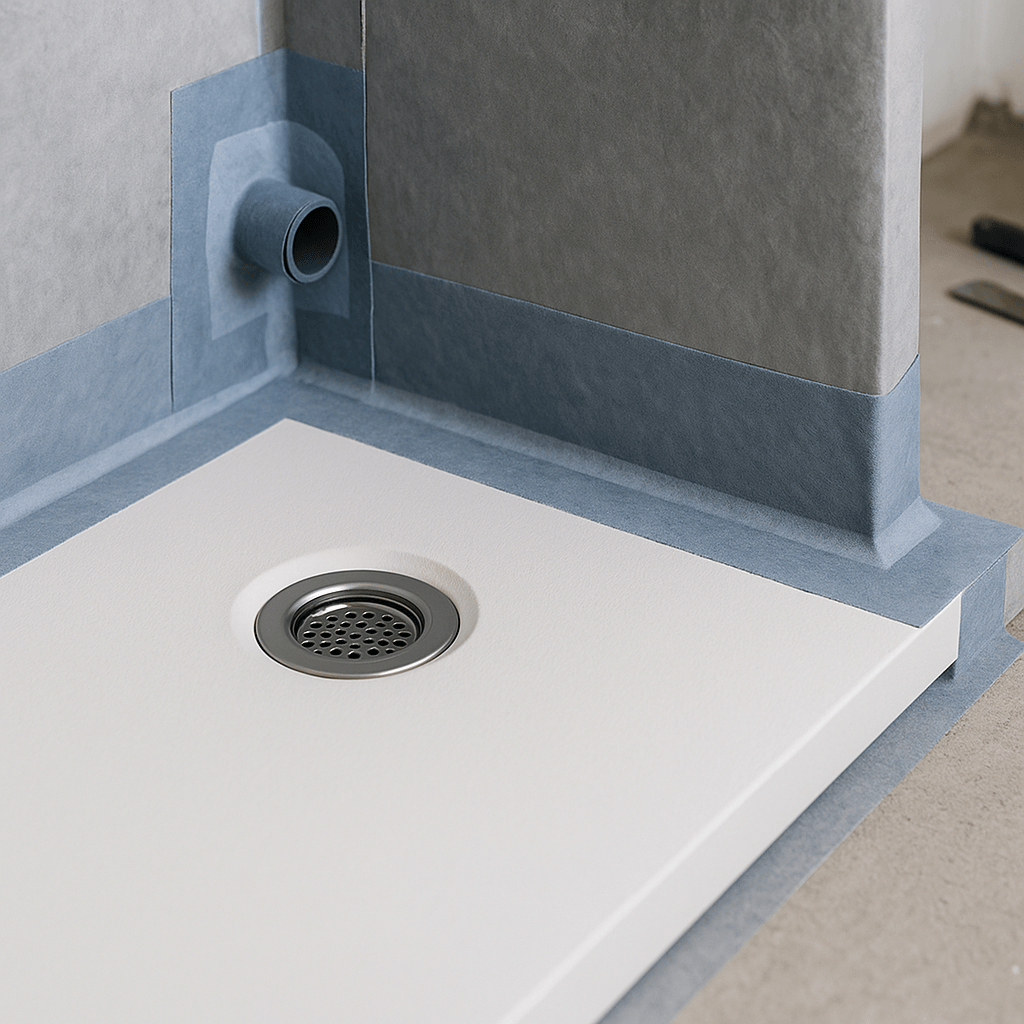 Membrane d’étanchéité raccordée au receveur avec bandes d’angle et manchette autour d’une canalisation