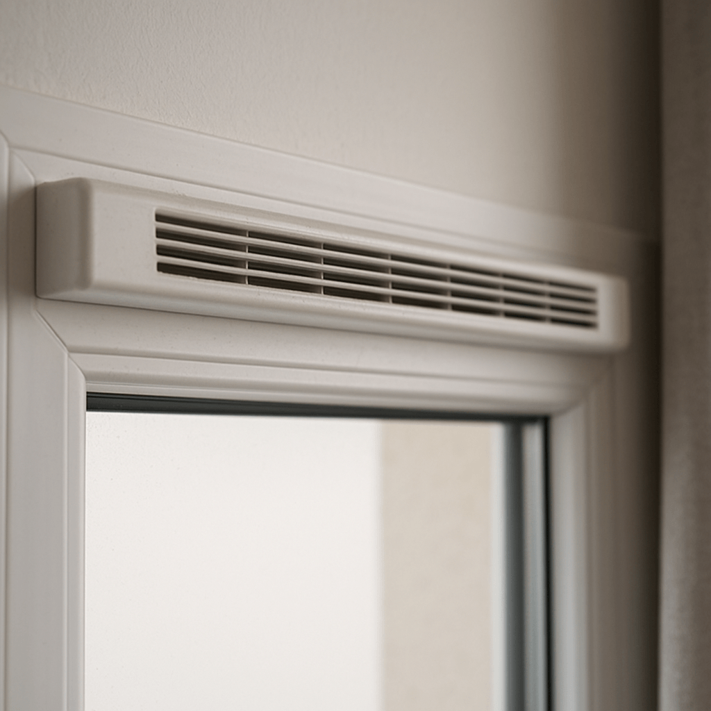 Grille d’entrée d’air intégrée dans la menuiserie d’une fenêtre de chambre