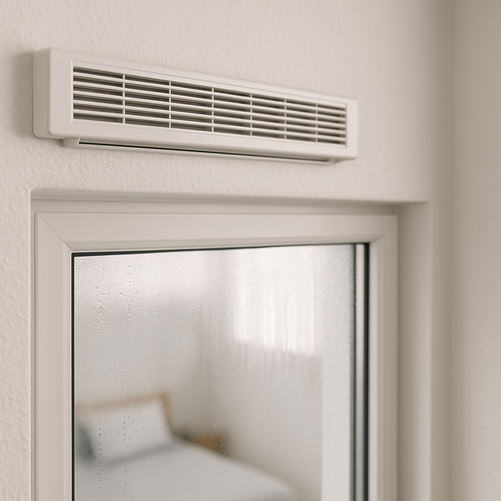Entrée d’air dégagée près d’une fenêtre de chambre dont le vitrage présente une légère condensation