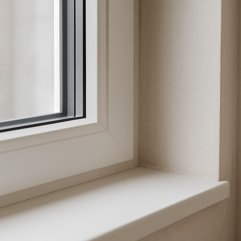 Gros plan sur le raccord entre le dormant d’une fenêtre double vitrage, le mur et l’habillage intérieur