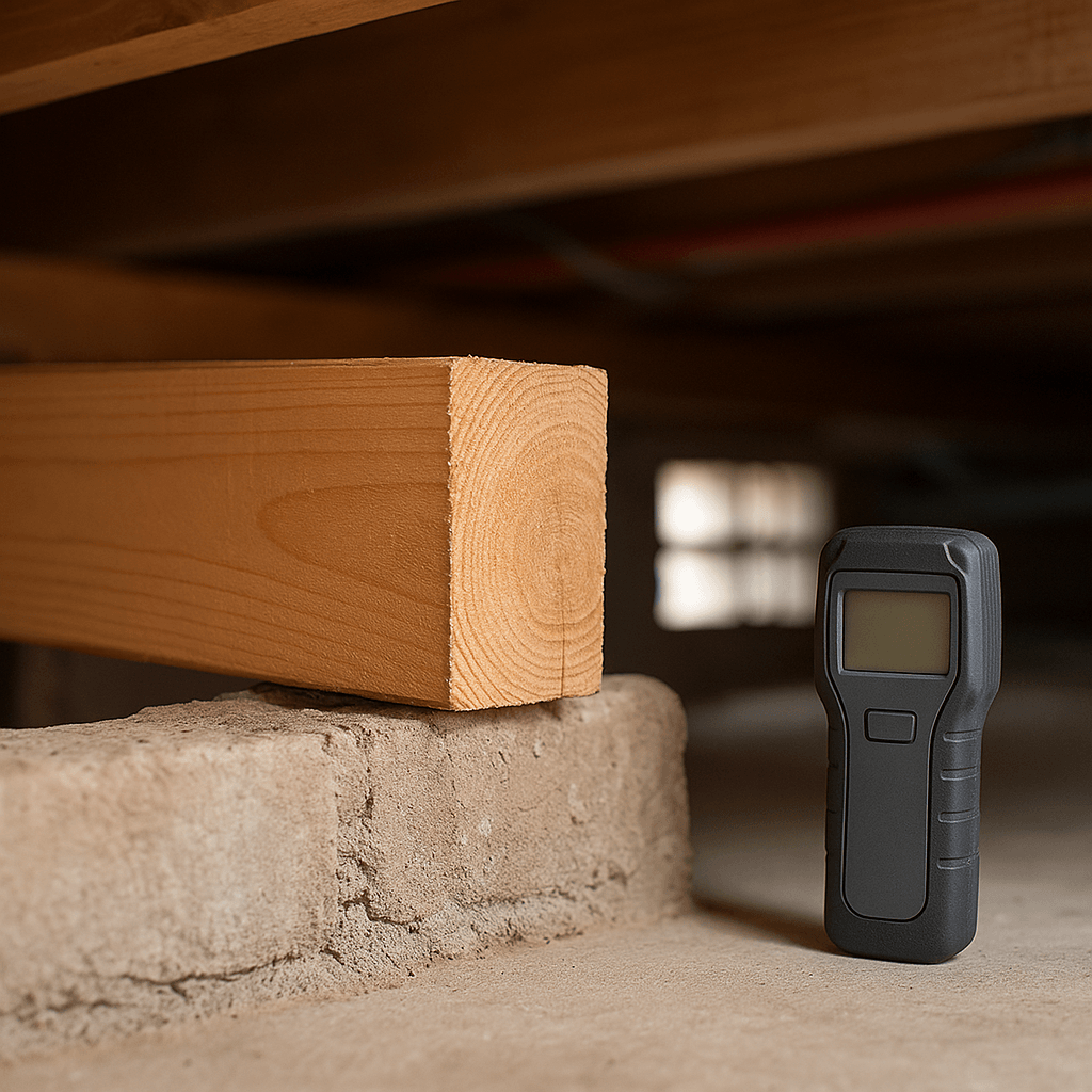 Extrémité d’une solive bois contrôlée près d’un appui maçonné avec ouverture de ventilation