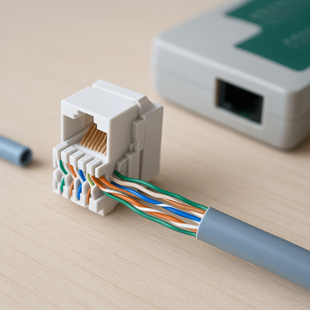 Conducteurs torsadés disposés près d’un noyau de prise RJ45 avant raccordement