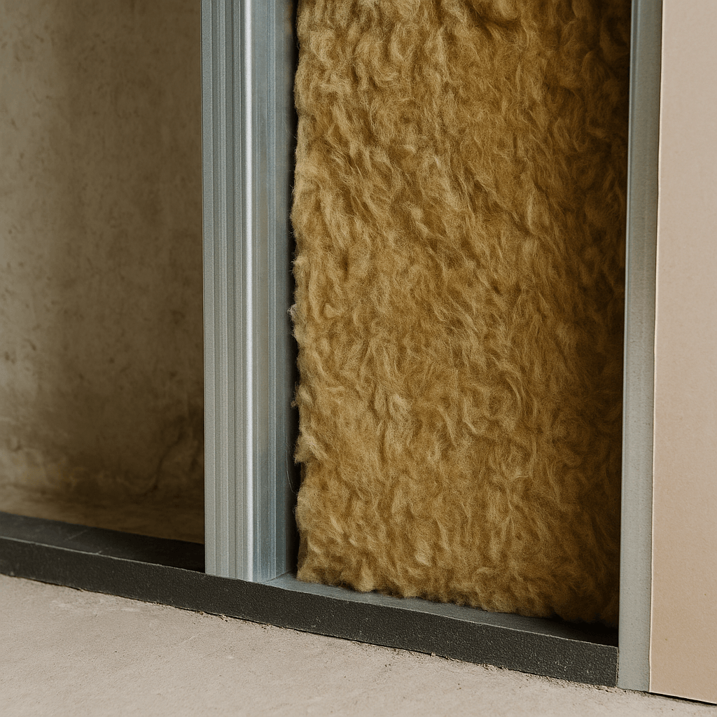 Détail d’une bande résiliente et d’un isolant fibreux installés dans la cavité d’une contre-cloison
