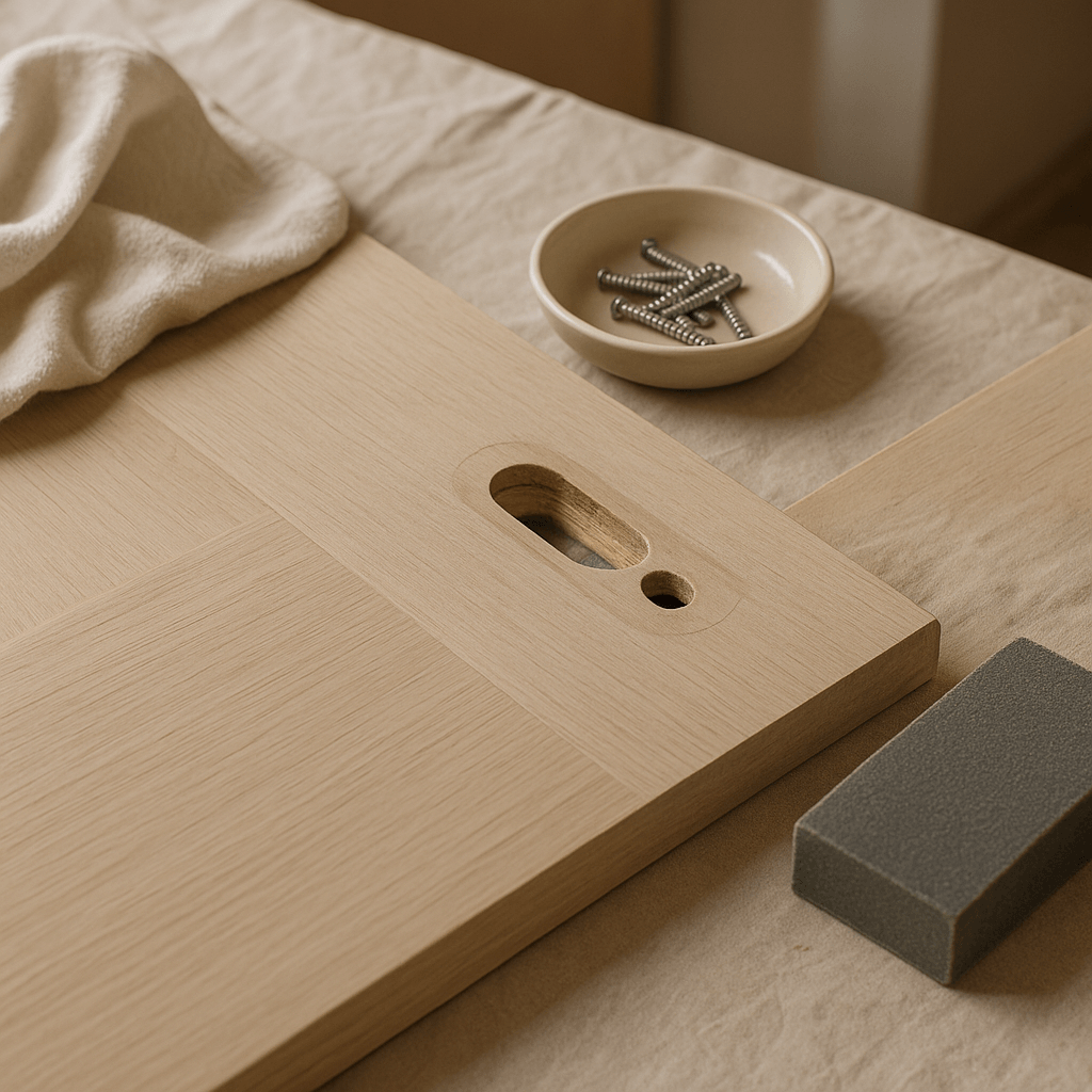 Zone de poignée démontée sur une porte en bois avec chiffon et bloc abrasif pour la préparation