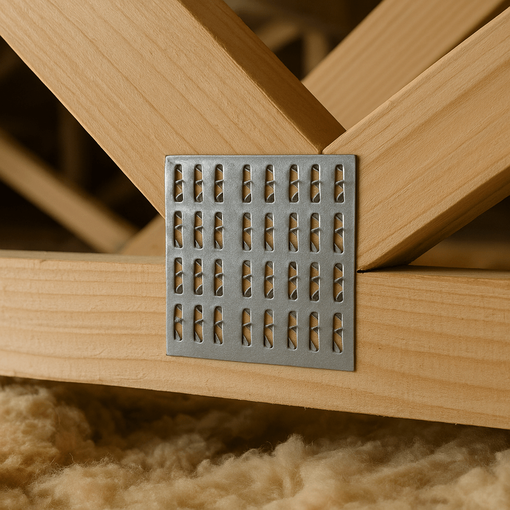 Détail d’un connecteur métallique denté entre les pièces en bois d’une fermette