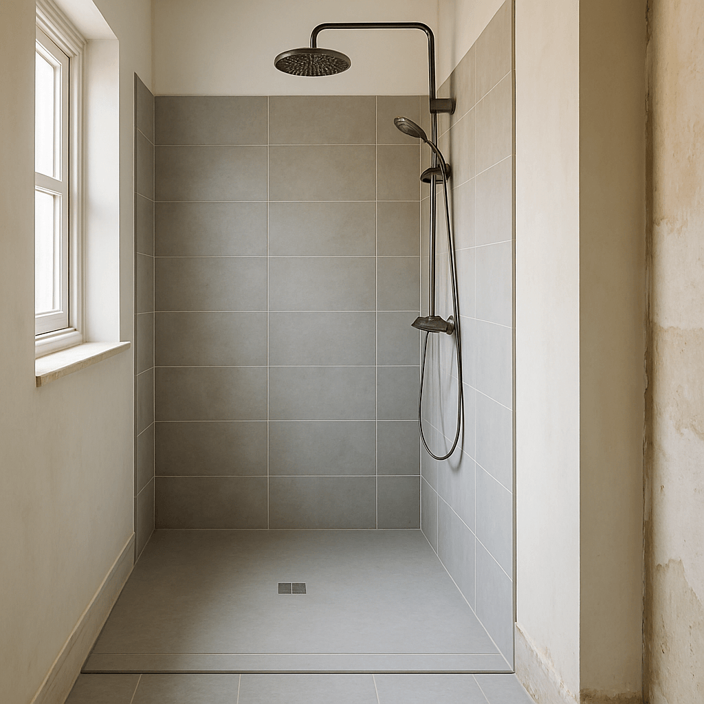 Douche italienne avec receveur extra-plat affleurant, bonde linéaire et parois carrelées