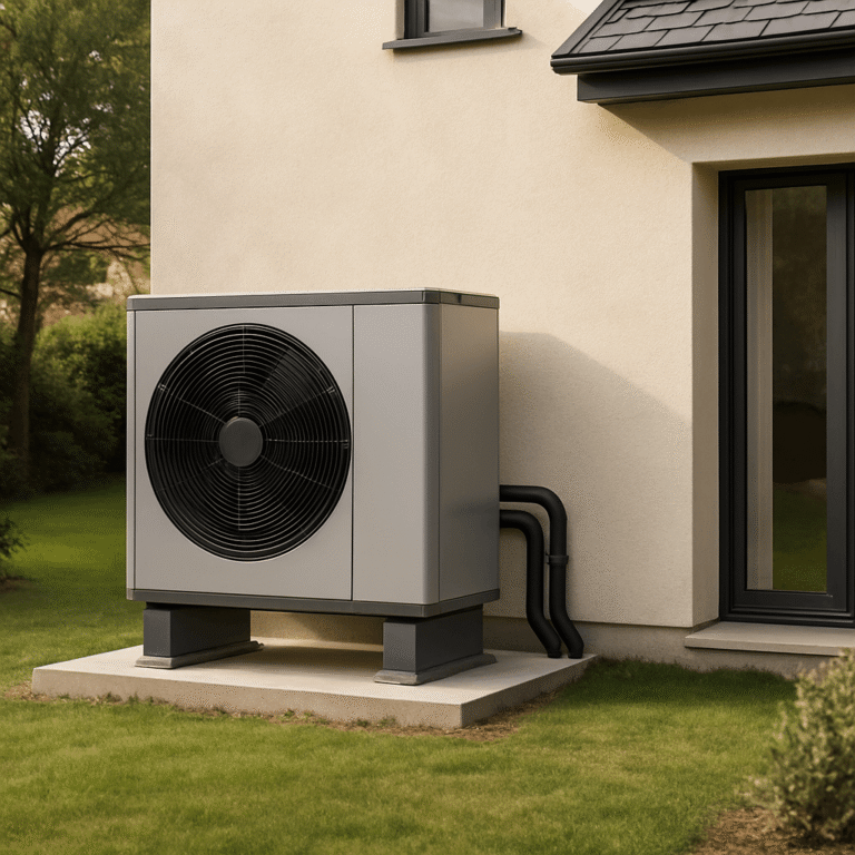 Pompe à chaleur air-eau installée devant une maison avec raccordements visibles