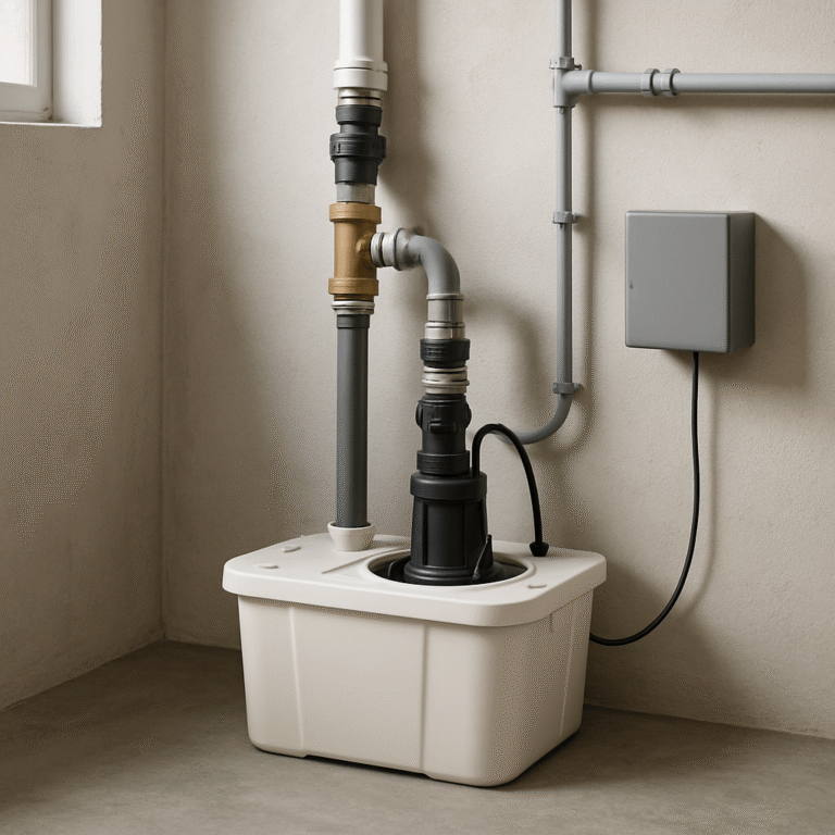 Pompe de relevage sanitaire avec cuve, tuyau de refoulement, clapet, ventilation et alarme dans une buanderie technique