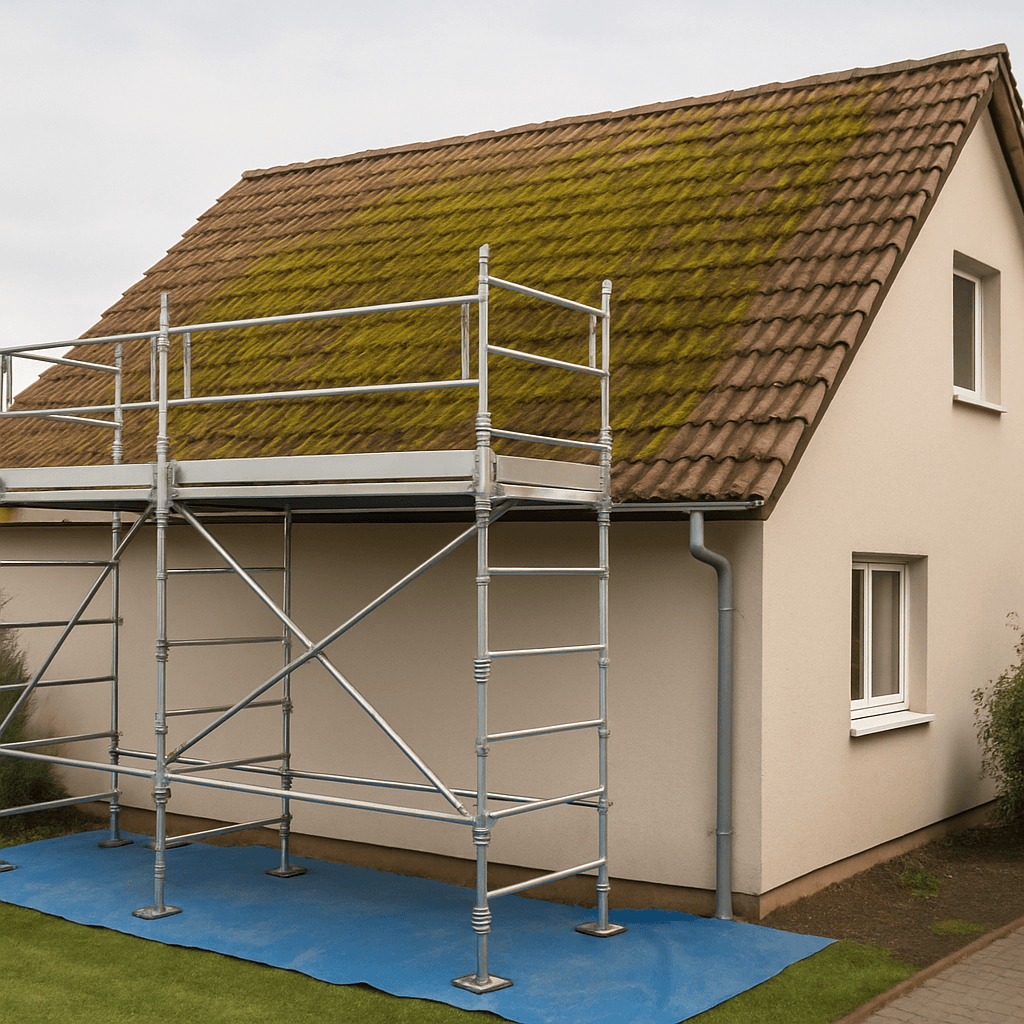 Toiture en tuiles couverte de mousse avec échafaudage sécurisé et protections au sol