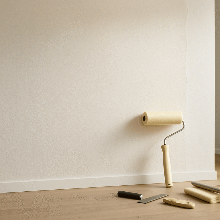 Mur intérieur revêtu de fibre de verre avec rouleau et outils de pose au sol