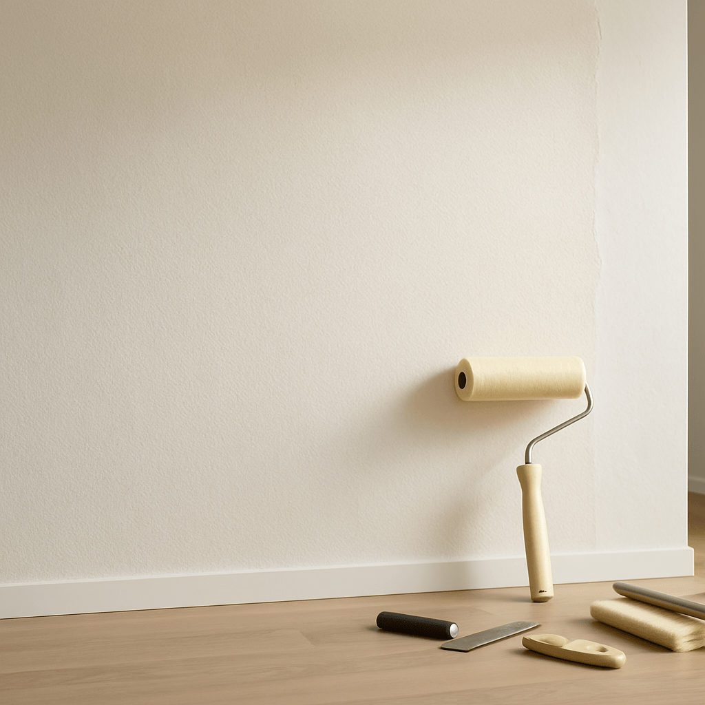 Mur intérieur revêtu de fibre de verre avec rouleau et outils de pose au sol