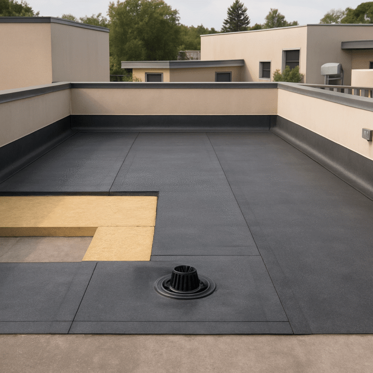 Toit-terrasse en rénovation avec membrane d’étanchéité, isolant visible, relevé d’acrotère et évacuation d’eau
