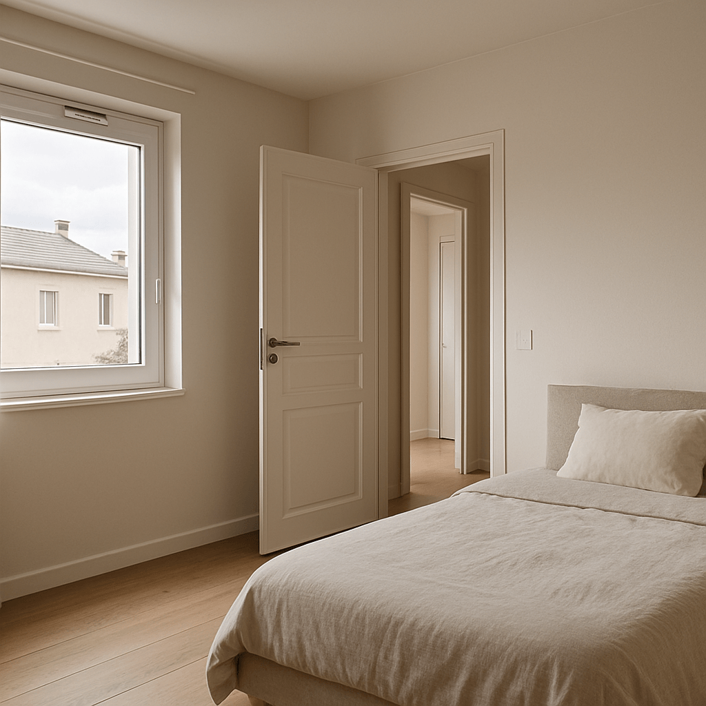 Chambre avec entrée d’air à la fenêtre et passage libre sous la porte
