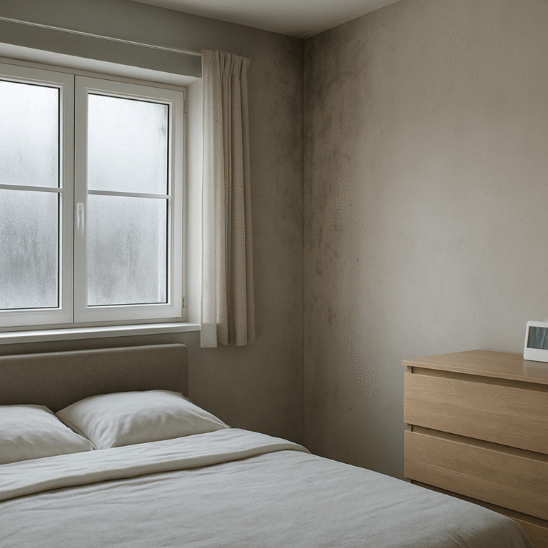 Chambre avec condensation sur la fenêtre, traces d’humidité dans un angle et hygromètre posé sur une commode