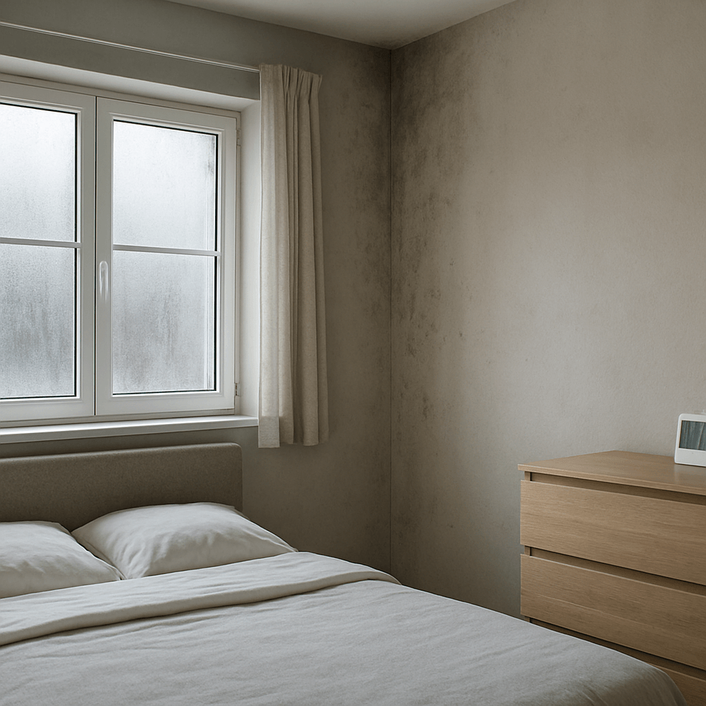 Chambre avec condensation sur la fenêtre, traces d’humidité dans un angle et hygromètre posé sur une commode