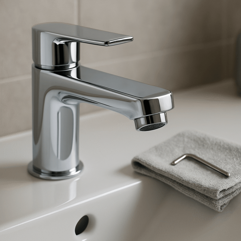 Robinet chromé avec mousseur intégré visible à l’extrémité du bec et clé de démontage sur le lavabo