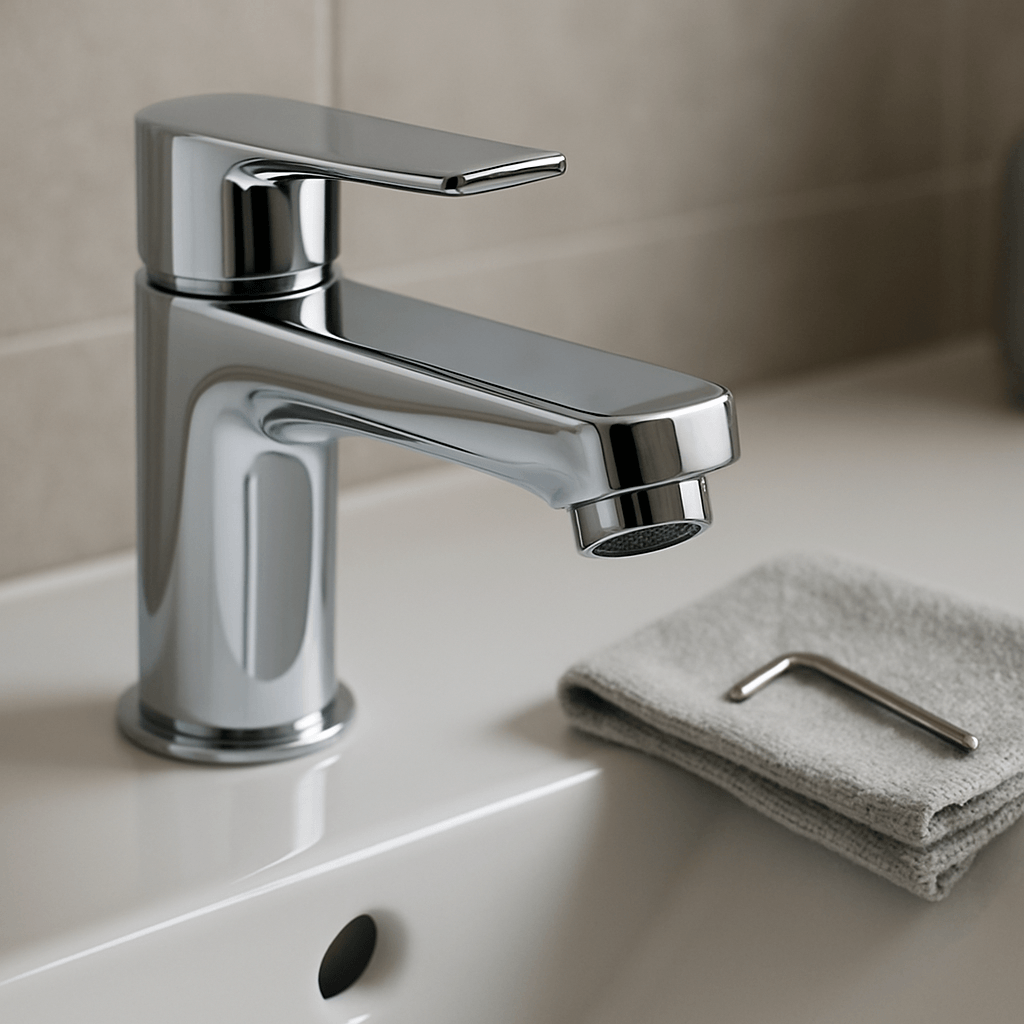 Robinet chromé avec mousseur intégré visible à l’extrémité du bec et clé de démontage sur le lavabo