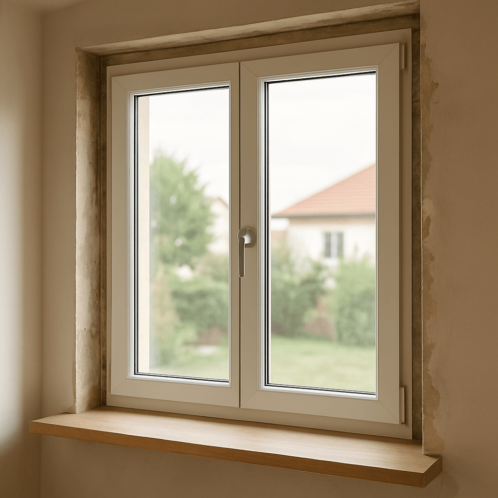 Fenêtre double vitrage installée dans une pièce en rénovation avec cadre, vitrage et finitions périphériques visibles
