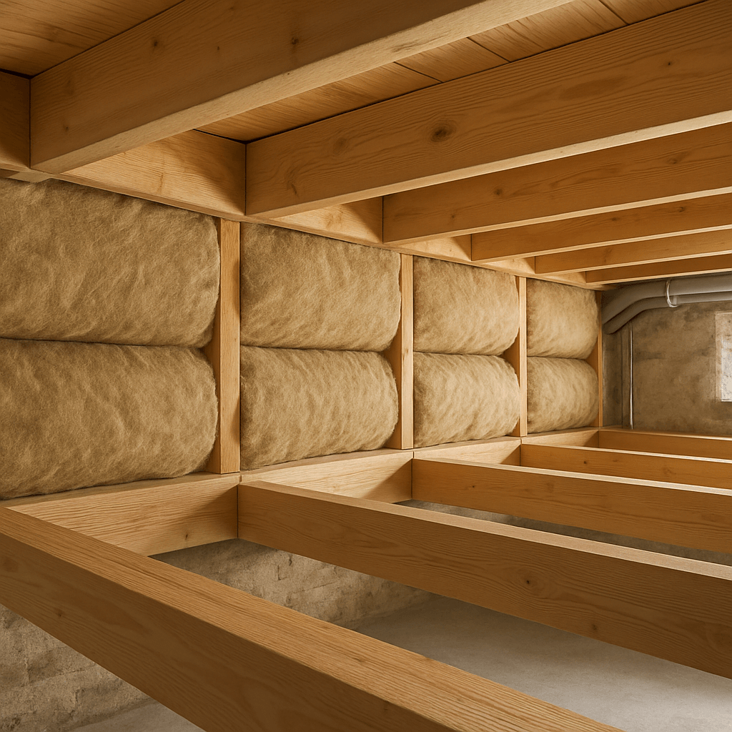 Solives d’un plancher bois avec isolant installé entre elles dans une cave ventilée