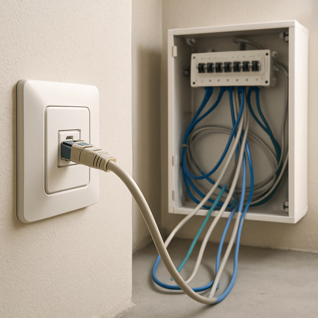 Prise RJ45 murale reliée par un câble réseau à un coffret de communication ouvert