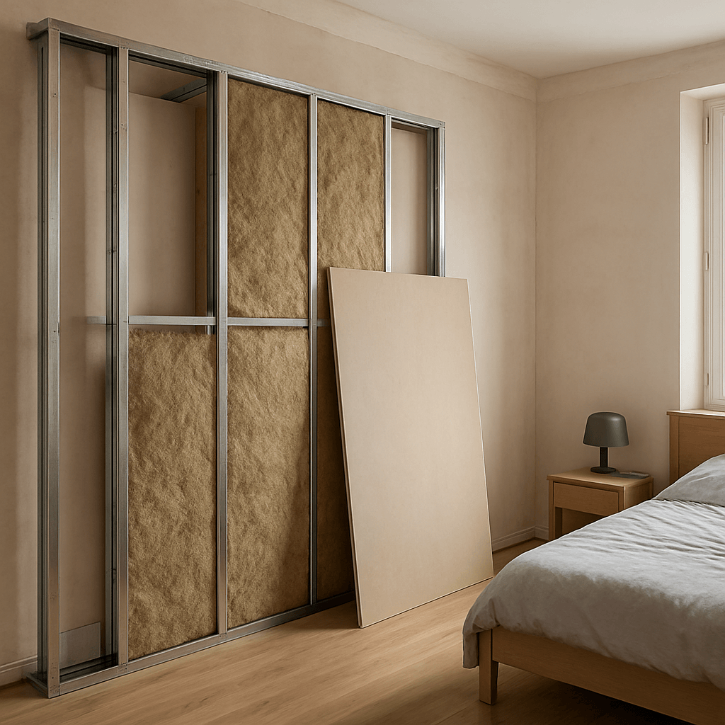 Contre-cloison acoustique en cours de pose dans une chambre avec ossature métallique et isolant fibreux visibles