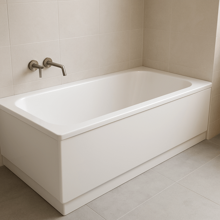 Baignoire droite blanche installée contre deux murs dans une salle de bains contemporaine