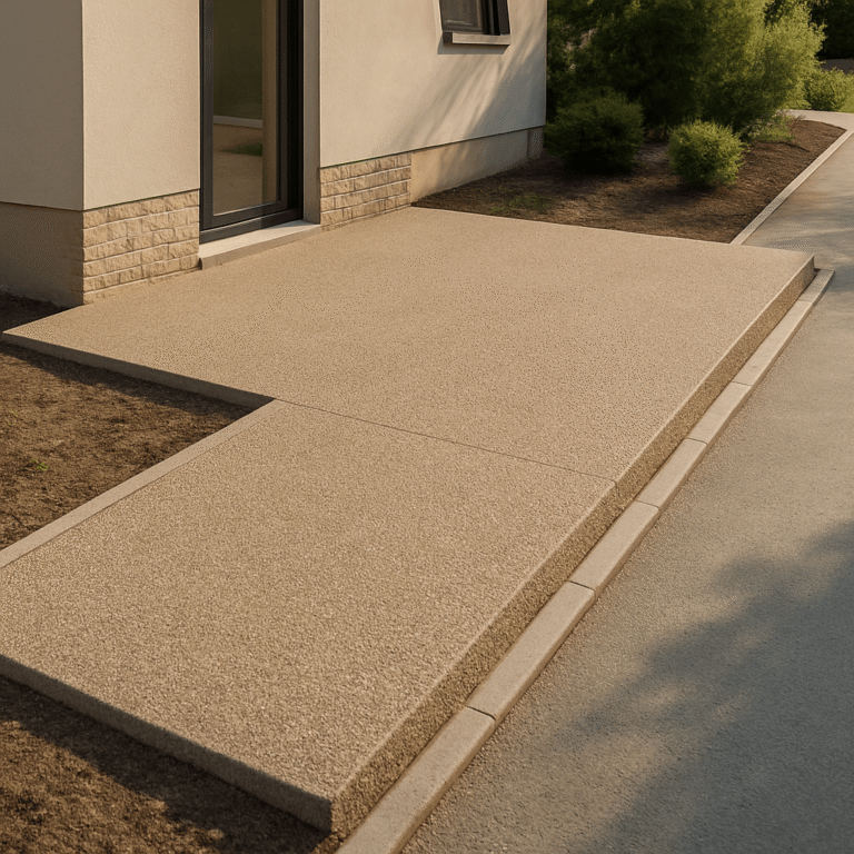 Allée résidentielle en béton désactivé avec granulats visibles et bordures nettes