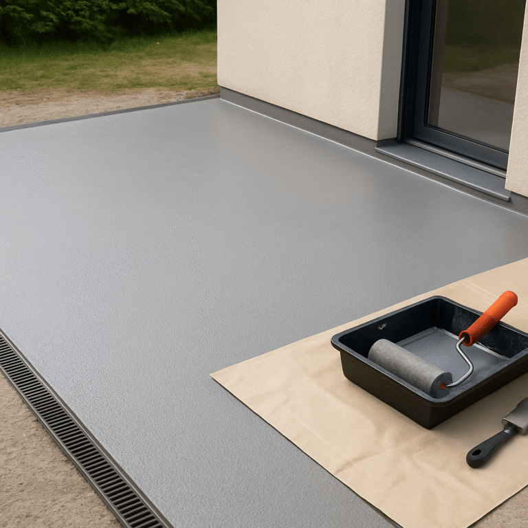 Terrasse extérieure en béton peinte en gris avec rouleau et outils de préparation