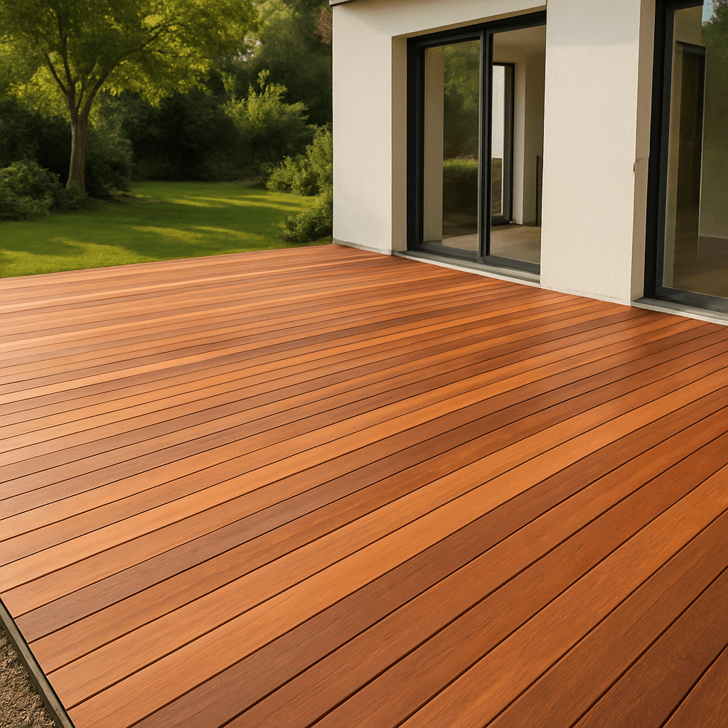 Terrasse extérieure en lames de bois exotique brun rouge et brun doré devant une maison contemporaine